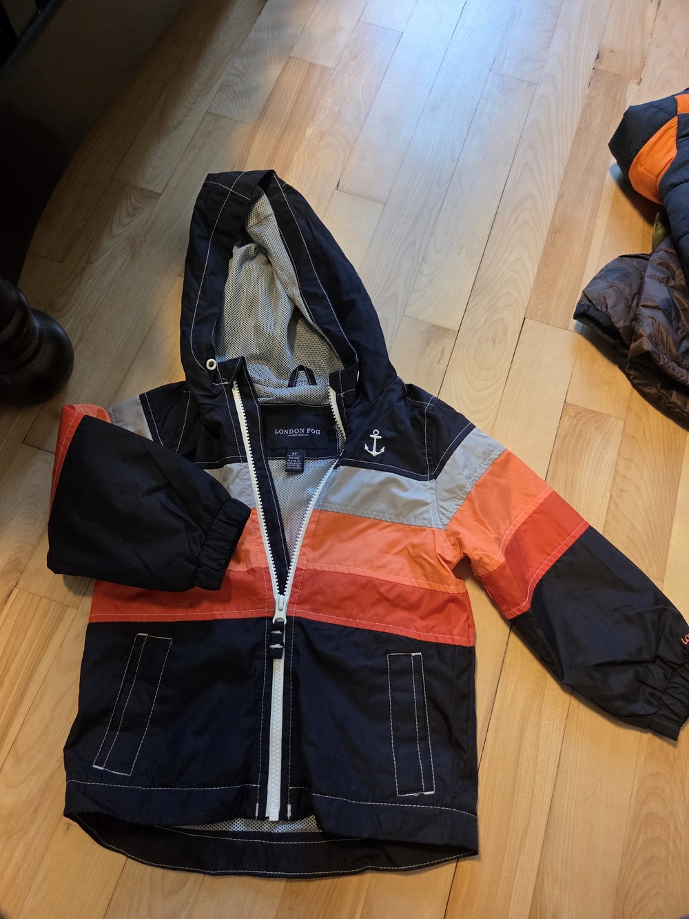 London Fog Kids Hooded Colorblock Rain Jacket in Navy, Orange & Gray